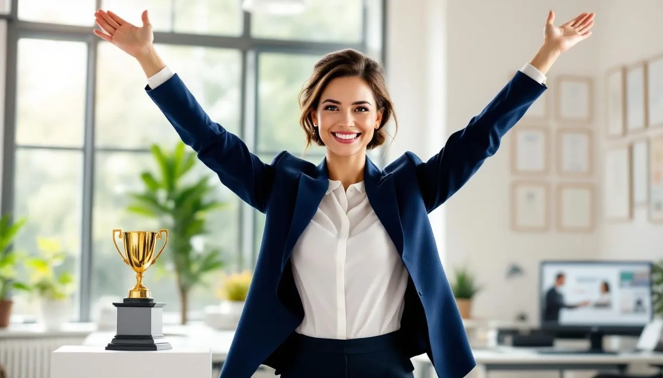 A professional stands triumphantly with arms raised in an achievement pose, symbolizing a successful career change and the fulfillment of career goals. This image captures the essence of a career transition, reflecting the joy and satisfaction that comes from pursuing a new career path and achieving work-life balance.